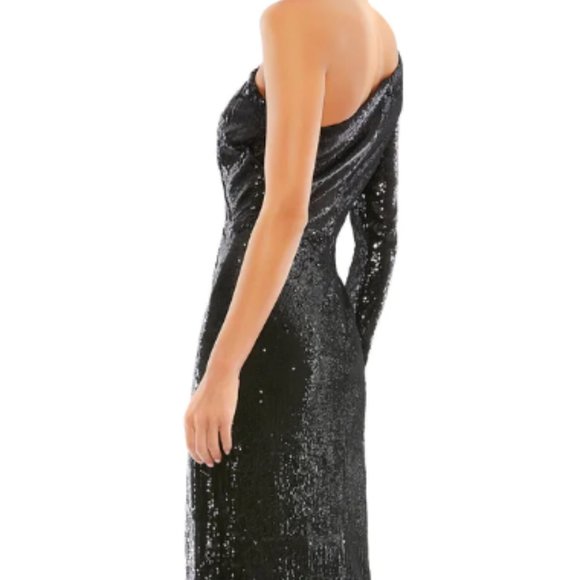 MAC DUGGAL 26688 RUCHED SEQUINED ONE LONG SLEEVE BLACK MIDI DRESS sz 8 - Picture 2 of 7